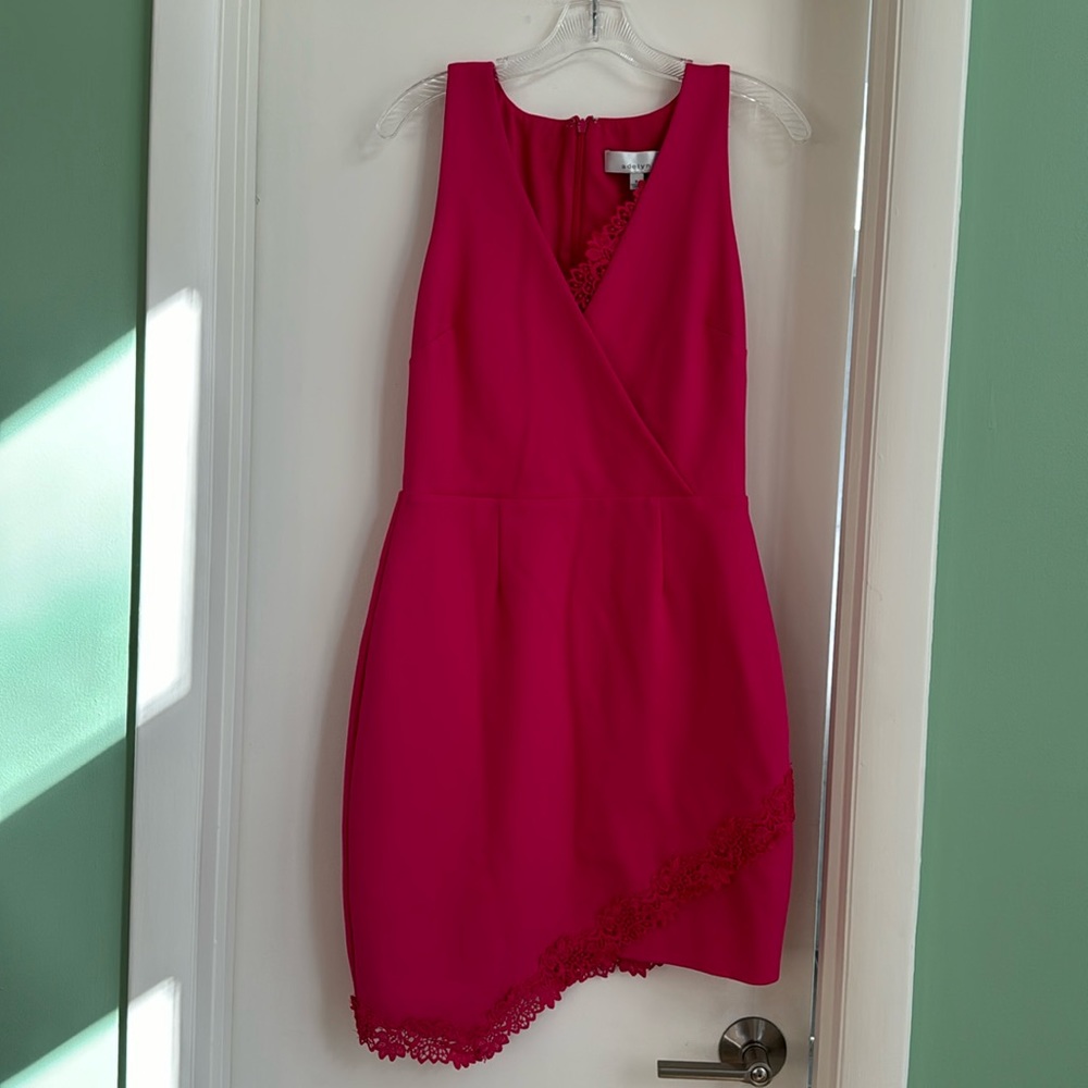 Adelyn Rae Fuchsia Sleeveless Faux-Wrap Midi Dress with Lace Trim